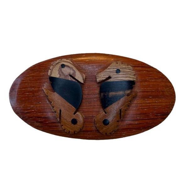 Rare Vintage Wooden Hair Barrette Oval Wooden Disk With Two Sea Horses - Picture 11 of 16